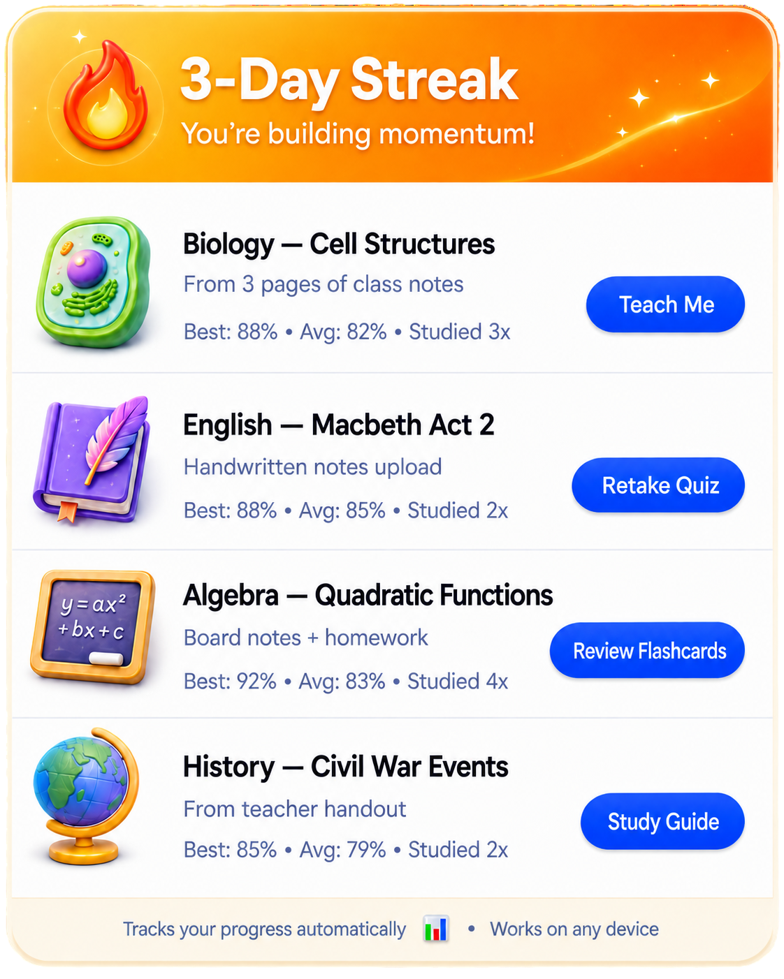 Notes To Study app showing study library with streaks, quizzes, and flashcards